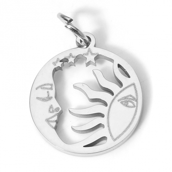 Picture of 1 Piece Eco-friendly 304 Stainless Steel Religious Charms Silver Tone Round Sun And Moon Face Hollow 17cm x 15cm