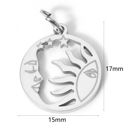 Picture of 1 Piece Eco-friendly 304 Stainless Steel Religious Charms Silver Tone Round Sun And Moon Face Hollow 17cm x 15cm