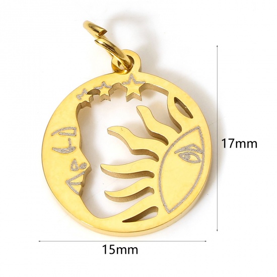 Picture of 1 Piece Vacuum Plating 304 Stainless Steel Religious Charms Gold Plated Round Sun And Moon Face Hollow 17cm x 15cm