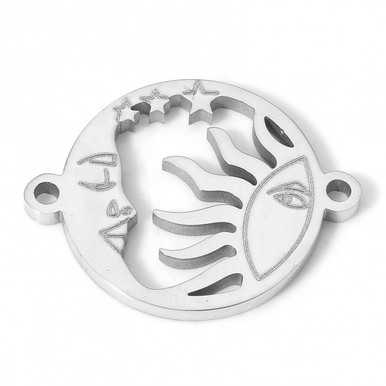 Picture of 1 Piece Eco-friendly 304 Stainless Steel Religious Connectors Charms Pendants Silver Tone Round Sun And Moon Face Hollow 19.5mm x 15cm