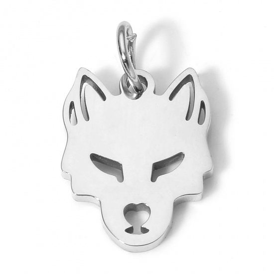 Picture of 1 Piece Eco-friendly 304 Stainless Steel Cute Charms Silver Tone Wolf Head Portrait Hollow 15mm x 12mm