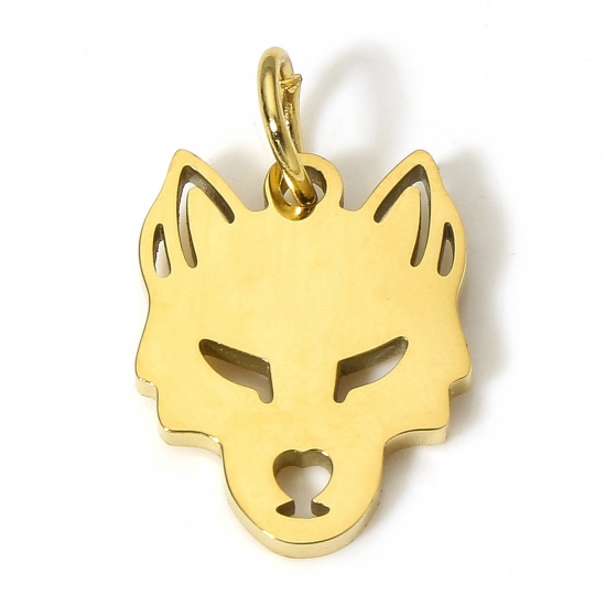 Picture of 1 Piece Eco-friendly 304 Stainless Steel Cute Charms Gold Plated Wolf Head Portrait Hollow 15mm x 12mm