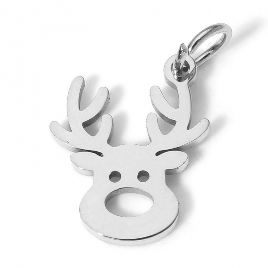 Picture of 1 Piece Eco-friendly 304 Stainless Steel Cute Charms Silver Tone Deer Animal Head Portrait Hollow 16mm x 13mm