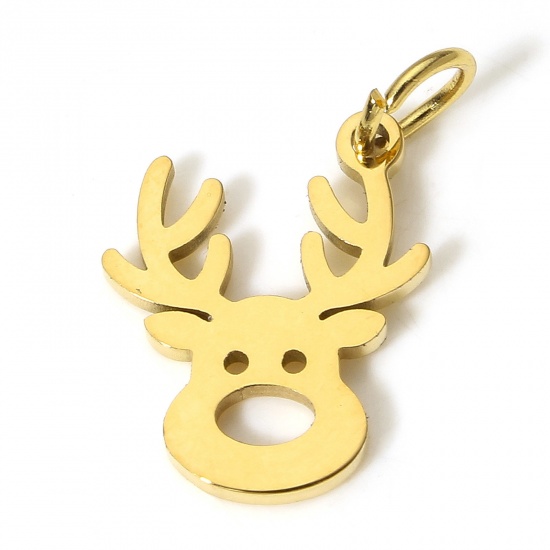 Picture of 1 Piece Eco-friendly 304 Stainless Steel Cute Charms Gold Plated Deer Animal Head Portrait Hollow 16mm x 13mm