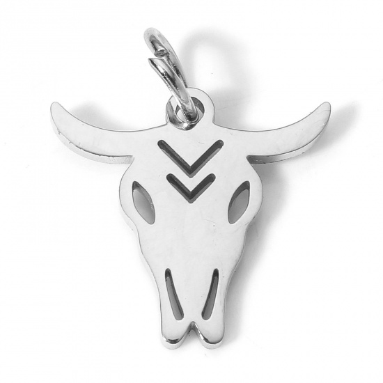 Picture of 1 Piece Eco-friendly 304 Stainless Steel Cute Charms Silver Tone Bull Head/ Cow Head Hollow 16mm x 15mm