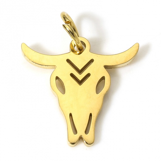 Picture of 1 Piece Eco-friendly 304 Stainless Steel Cute Charms Gold Plated Bull Head/ Cow Head Hollow 16mm x 15mm