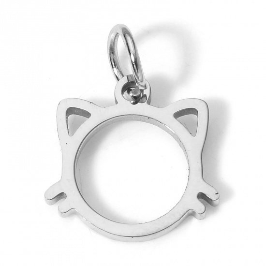 Picture of 1 Piece Eco-friendly 304 Stainless Steel Cute Charms Silver Tone Cat Animal Head Portrait Hollow 13mm x 13mm
