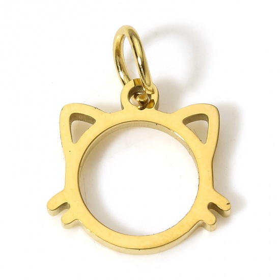 Picture of 1 Piece Eco-friendly 304 Stainless Steel Cute Charms Gold Plated Cat Animal Head Portrait Hollow 13mm x 13mm