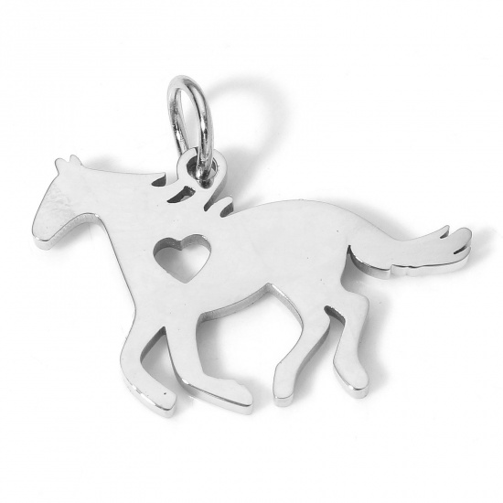 Picture of 1 Piece Eco-friendly 304 Stainless Steel Cute Charms Silver Tone Horse Animal Heart Hollow 24mm x 15.5mm