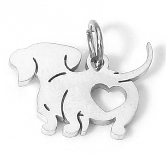 Picture of 1 Piece Eco-friendly 304 Stainless Steel Cute Charms Silver Tone Dog Animal Heart Hollow 17.5mm x 12.5mm