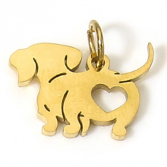 Picture of 1 Piece Eco-friendly 304 Stainless Steel Cute Charms Gold Plated Dog Animal Heart Hollow 17.5mm x 12.5mm