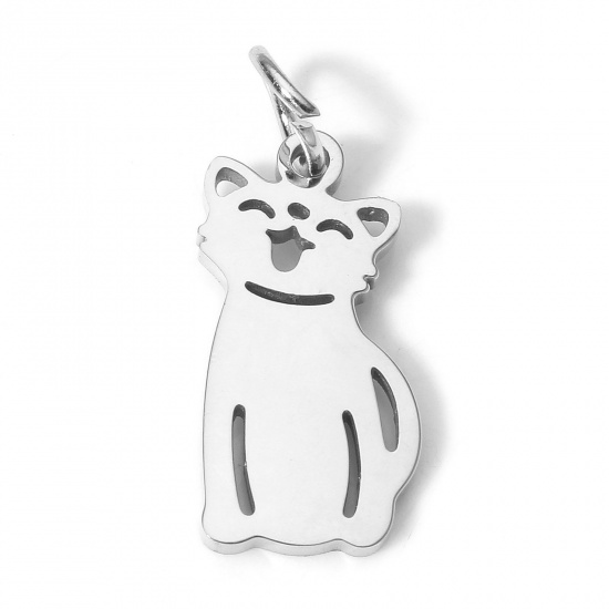 Picture of 1 Piece Eco-friendly 304 Stainless Steel Cute Charms Silver Tone Cat Animal Hollow 18mm x 9mm