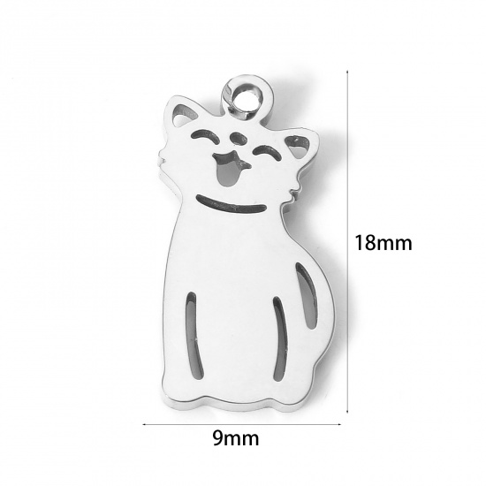 Bild von 1 Stück Umweltfreundlich 304 Edelstahl Niedlich Charms Katze Silberfarbe Hohl 18mm x 9mm