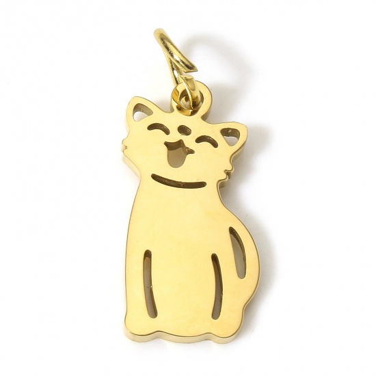Picture of 1 Piece Eco-friendly 304 Stainless Steel Cute Charms Gold Plated Cat Animal Hollow 18mm x 9mm