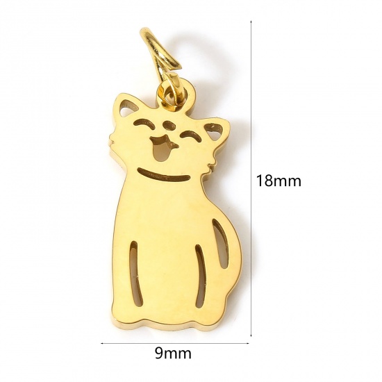 Bild von 1 Stück Vakuumbeschichtung 304 Edelstahl Niedlich Charms Katze Vergoldet Hohl 18mm x 9mm