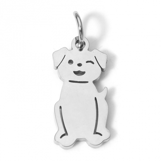 Picture of 1 Piece Eco-friendly 304 Stainless Steel Cute Charms Silver Tone Dog Animal Hollow 18mm x 8.5mm