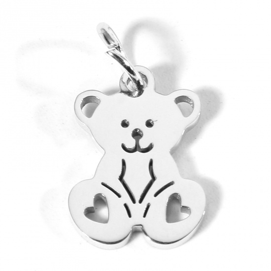 Picture of 1 Piece Eco-friendly 304 Stainless Steel Cute Charms Silver Tone Bear Animal Heart Hollow 14mm x 10mm