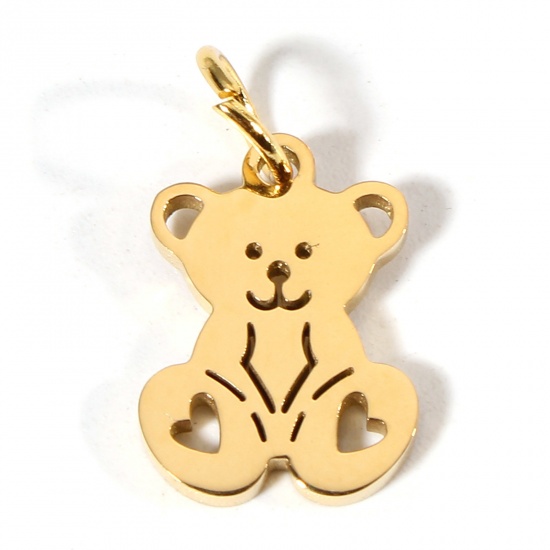 Picture of 1 Piece Eco-friendly 304 Stainless Steel Cute Charms Gold Plated Bear Animal Heart Hollow 14mm x 10mm
