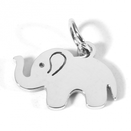 Picture of 1 Piece Eco-friendly 304 Stainless Steel Cute Charms Silver Tone Elephant Animal Hollow 16mm x 10mm
