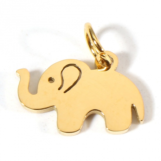 Picture of 1 Piece Eco-friendly 304 Stainless Steel Cute Charms Gold Plated Elephant Animal Hollow 16mm x 10mm