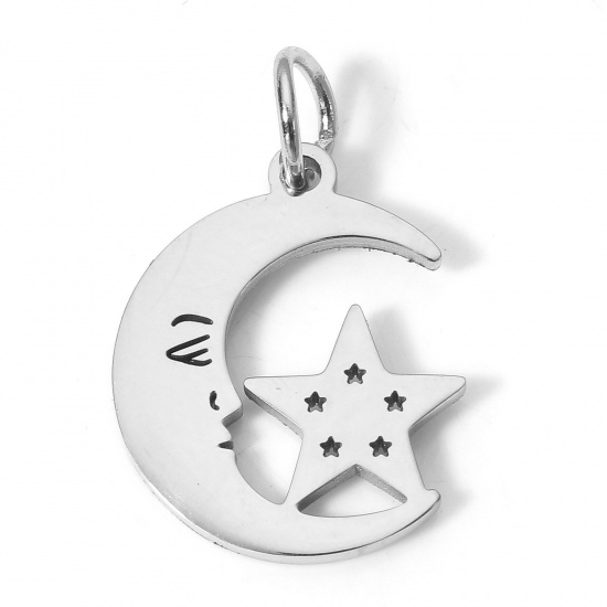 Immagine di 1 Pz Ecologico 304 Acciaio Inossidabile Galassia Charms Stella a Cinque Punte Tono Argento Faccia del Luna Filigrana 17mm x 14mm