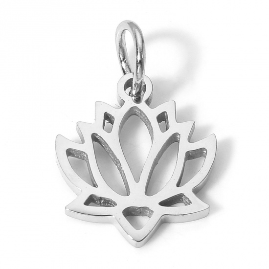 Picture of 1 Piece Eco-friendly 304 Stainless Steel Pastoral Style Charms Silver Tone Lotus Flower Hollow 14mm x 12mm