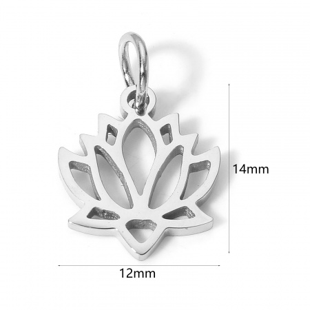 Picture of 1 Piece Eco-friendly 304 Stainless Steel Pastoral Style Charms Silver Tone Lotus Flower Hollow 14mm x 12mm