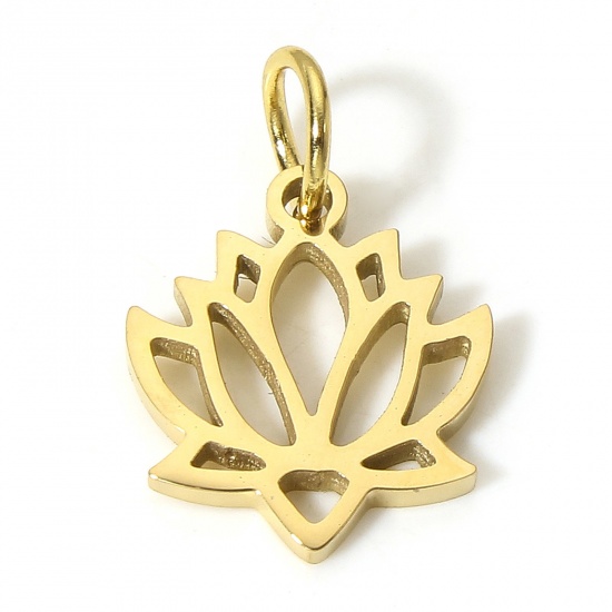 Picture of 1 Piece Vacuum Plating 304 Stainless Steel Pastoral Style Charms Gold Plated Lotus Flower Hollow 14mm x 12mm
