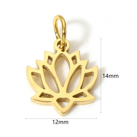 Picture of 1 Piece Vacuum Plating 304 Stainless Steel Pastoral Style Charms Gold Plated Lotus Flower Hollow 14mm x 12mm
