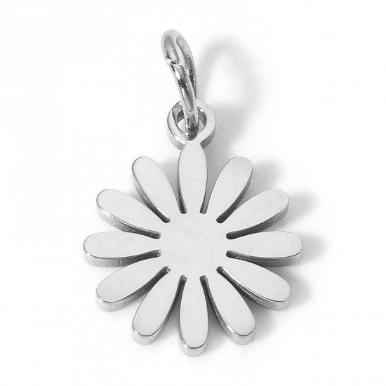 Picture of 1 Piece Eco-friendly 304 Stainless Steel Pastoral Style Charms Silver Tone Daisy Flower Hollow 15mm x 12mm