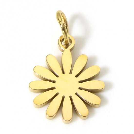 Picture of 1 Piece Vacuum Plating 304 Stainless Steel Pastoral Style Charms Gold Plated Daisy Flower Hollow 15mm x 12mm