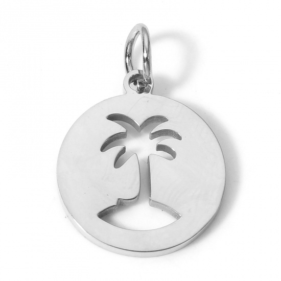 Picture of 1 Piece Eco-friendly 304 Stainless Steel Pastoral Style Charms Silver Tone Round Coconut Palm Tree Hollow 17mm x 15mm