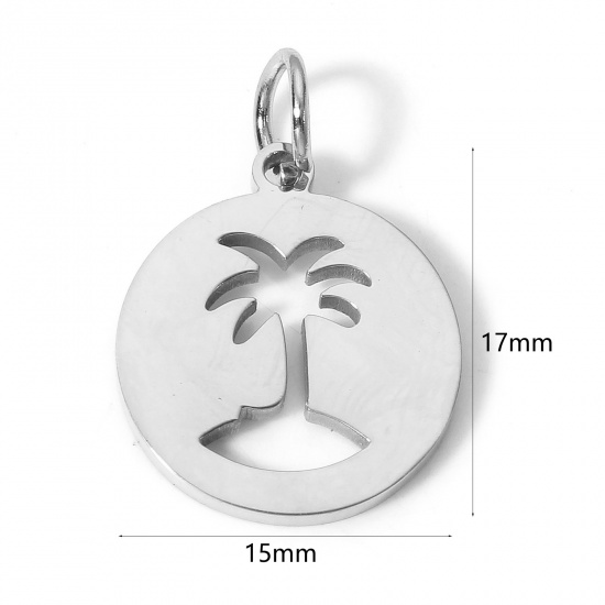 Immagine di 1 Pz Ecologico 304 Acciaio Inossidabile Stile Pastorale Charms Tondo Tono Argento Albero di Cocco Filigrana 17mm x 15mm