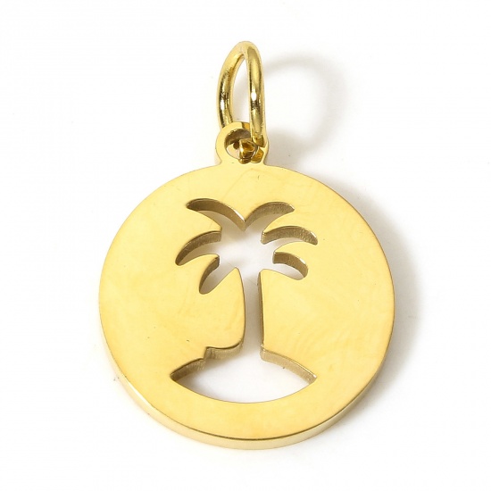Picture of 1 Piece Vacuum Plating 304 Stainless Steel Pastoral Style Charms Gold Plated Round Coconut Palm Tree Hollow 17mm x 15mm