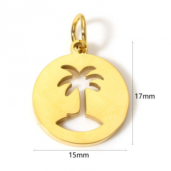 Immagine di 1 Pz Placcatura Sottovuoto 304 Acciaio Inossidabile Stile Pastorale Ciondoli Tondo Oro Placcato Albero di Cocco Filigrana 17mm x 15mm