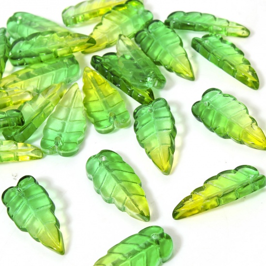 Picture of 50 PCs Lampwork Glass Charms Green & Yellow Leaf Gradient Color 23.5mm x 10mm