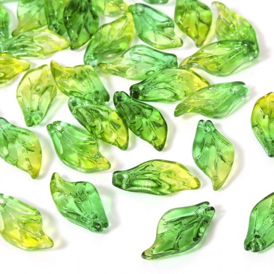Picture of 50 PCs Lampwork Glass Charms Green & Yellow Leaf Gradient Color 20mm x 10mm