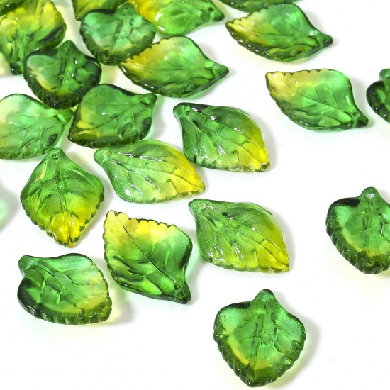 Picture of 50 PCs Lampwork Glass Charms Green & Yellow Leaf Gradient Color 23mm x 16mm