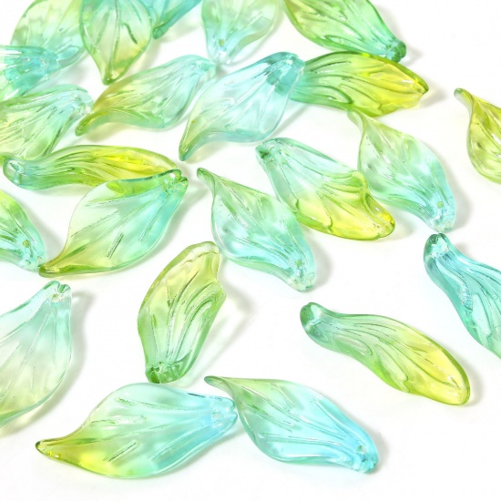 Picture of 50 PCs Lampwork Glass Charms Green & Yellow Leaf Gradient Color 3cm x 1.4cm