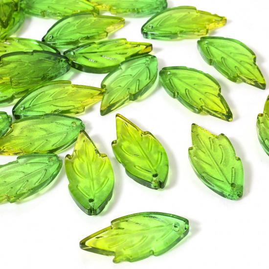 Picture of 50 PCs Lampwork Glass Charms Green & Yellow Leaf Gradient Color 27mm x 12mm