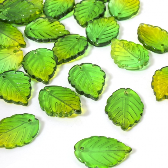 Picture of 50 PCs Lampwork Glass Charms Green & Yellow Leaf Gradient Color 24mm x 17mm