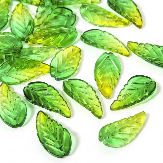 Picture of 50 PCs Lampwork Glass Charms Green & Yellow Leaf Gradient Color 24.5mm x 12mm