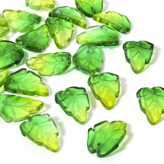 Picture of 50 PCs Lampwork Glass Charms Green & Yellow Leaf Gradient Color 22mm x 15mm