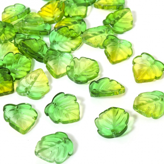 Picture of 50 PCs Lampwork Glass Charms Green & Yellow Leaf Gradient Color 15mm x 14mm