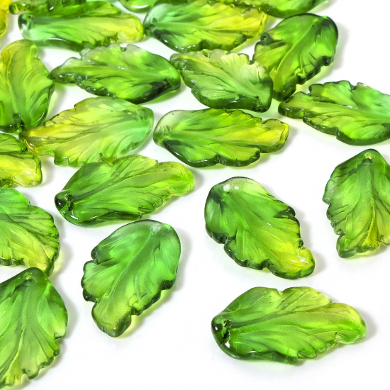 Picture of 50 PCs Lampwork Glass Charms Green & Yellow Leaf Gradient Color 28mm x 17mm
