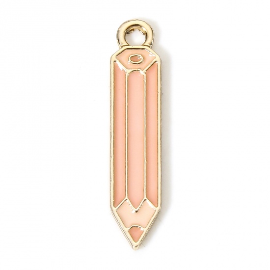 Picture of 10 PCs Zinc Based Alloy College Jewelry Charms Gold Plated Pink Pencil Enamel 27mm x 6mm