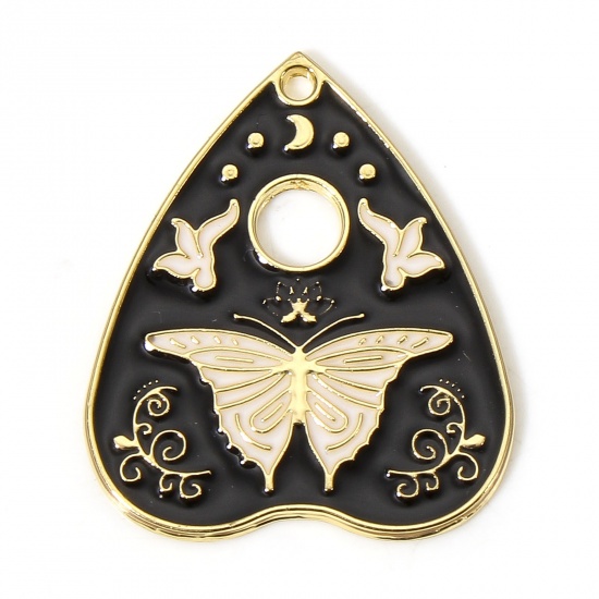 Picture of 10 PCs Zinc Based Alloy Religious Charms Gold Plated Black & White Ouija Board Butterfly Enamel 26mm x 22mm