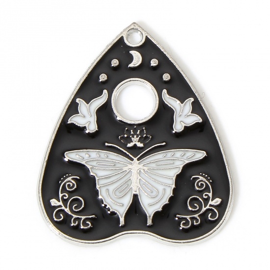 Picture of 10 PCs Zinc Based Alloy Religious Charms Silver Tone Black & White Ouija Board Butterfly Enamel 26mm x 22mm