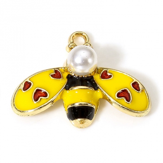 Picture of 10 PCs Zinc Based Alloy Charms Gold Plated Yellow Bee Animal Heart Enamel 23mm x 17mm