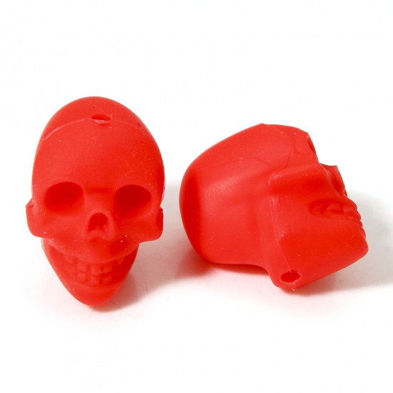 Picture of 5 PCs Silicone Halloween Beads For DIY Charm Jewelry Making Skeleton Skull Red 3D About 21mm x 16.5mm, Hole: Approx 2.2mm